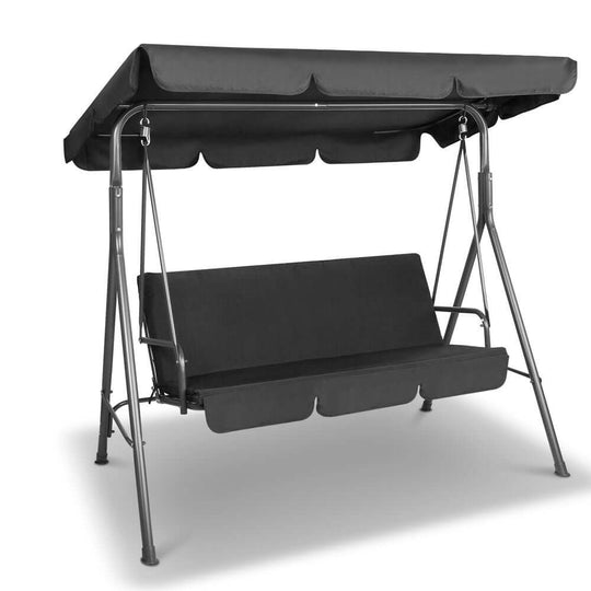 Gardeon outdoor swing chair garden bench with canopy, 3 seater in black for affordable luxury and comfort.