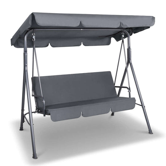 Gardeon outdoor swing chair garden bench with canopy, grey, affordable comfort for three adults.