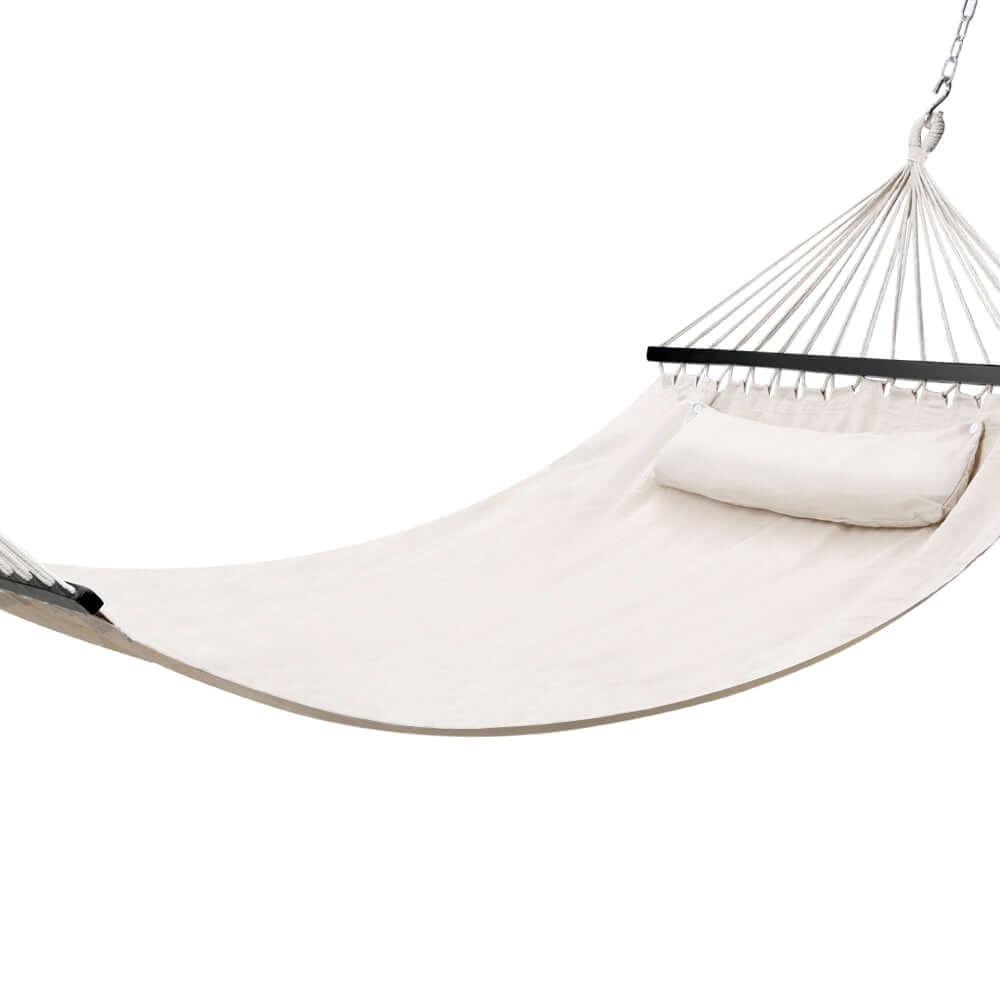 Gardeon 2-person hammock bed in soft beige fabric, lightweight and stylish for outdoor relaxation.