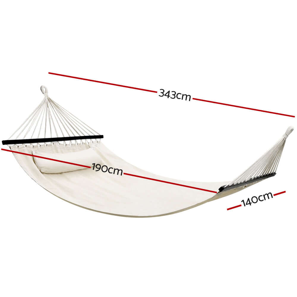 Gardeon 2-person hammock bed dimensions: 343cm x 190cm with 140cm width, perfect for affordable outdoor relaxation.