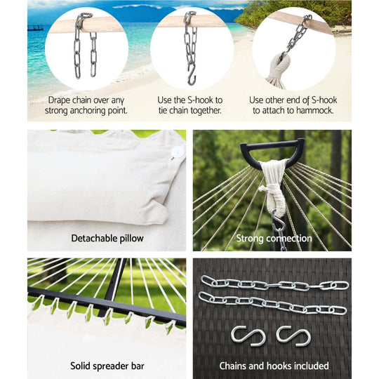 Gardeon hammock bed features: chains, hooks, solid spreader bar, detachable pillow for outdoor comfort.