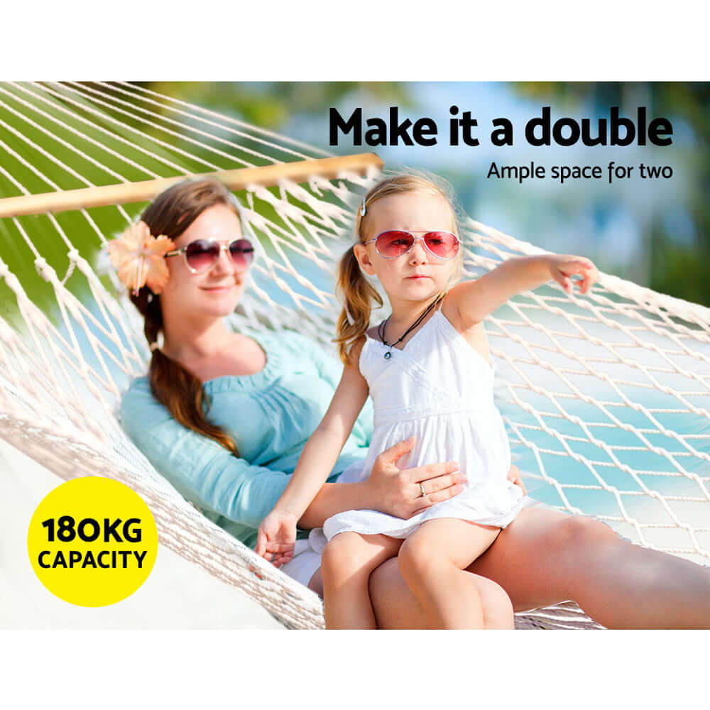 Gardeon double hammock bed for two, supporting 180kg, perfect for affordable outdoor relaxation and DIY adventures.