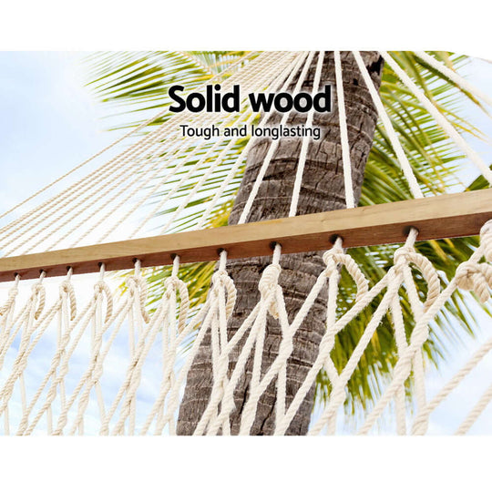 Solid wooden rails of Gardeon hammock chair, ensuring durability and stylish support for outdoor relaxation.