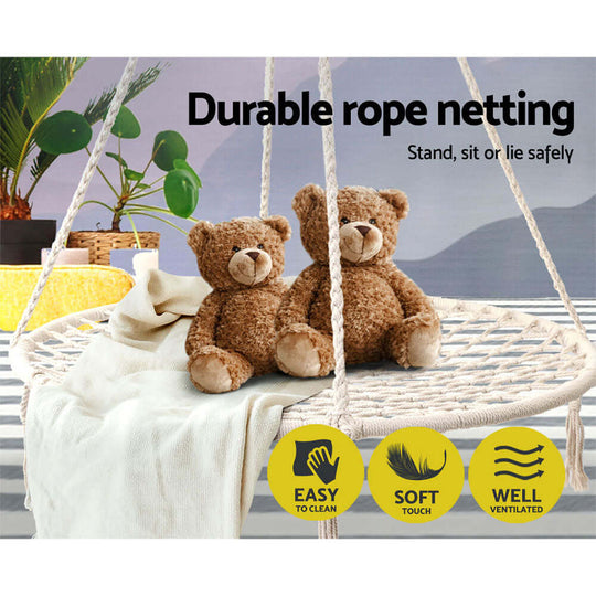 Durable rope netting hammock chair with stuffed bears, featuring easy cleaning, soft touch, and ventilation.