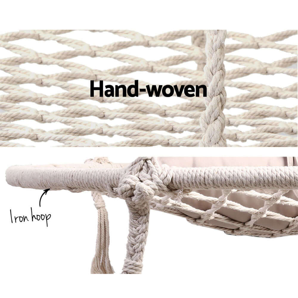 Close-up of hand-woven hammock chair featuring iron hoop and sturdy knotting for durability and safety.