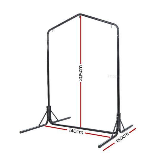 Gardeon hammock chair steel stand dimensions 205cm height, 140cm width, 160cm depth for outdoor use.