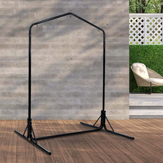 Gardeon heavy-duty hammock chair stand in black steel, perfect for indoor and outdoor use with DIY setup.