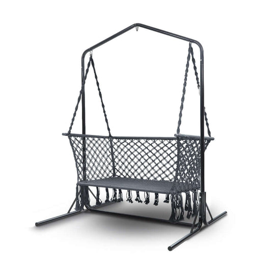 Gardeon grey hammock chair with stand, macrame design, perfect for affordable outdoor relaxation in your garden.