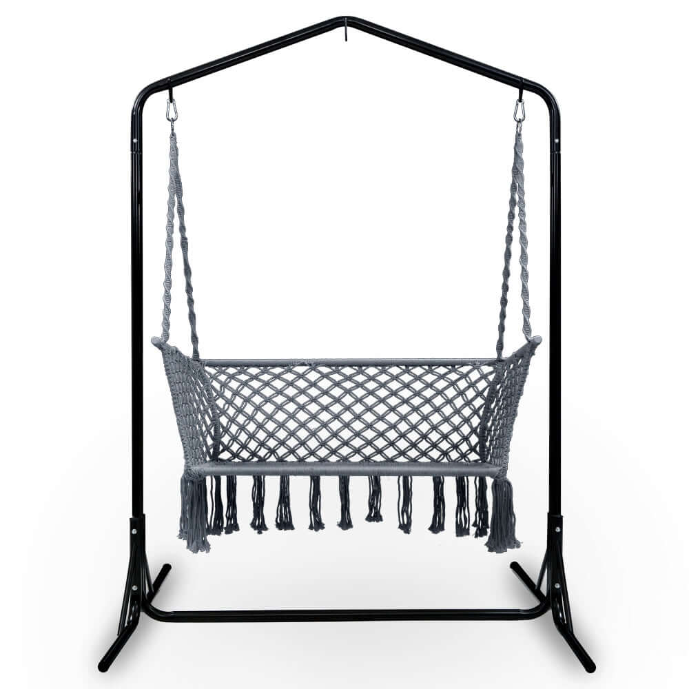 Gardeon macrame hammock chair with stand in grey, perfect for outdoor relaxation, affordable luxury for garden seating.