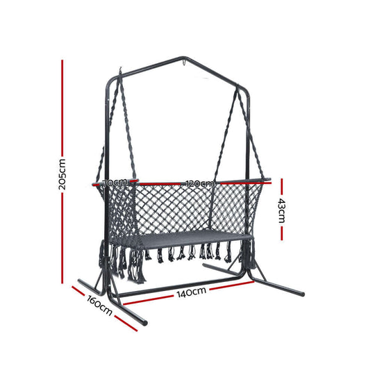 Gardeon grey macrame hammock chair with stand, dimensions 205cm height, 140cm width, ideal for outdoor relaxation.