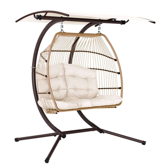 Gardeon outdoor egg swing chair with canopy, a stylish and affordable wicker pod for 2, ideal for relaxation.