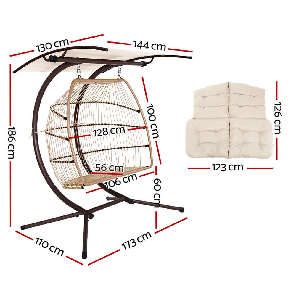 Dimensions and structure of Gardeon Outdoor Egg Swing Chair Wicker Furniture Pod with cushions and canopy.