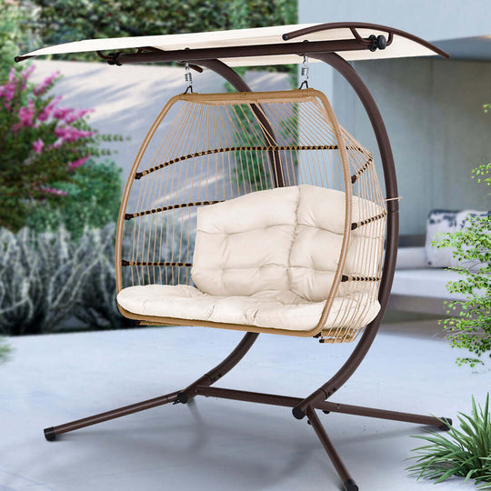 Gardeon outdoor egg swing chair with canopy, UV-resistant wicker, 2-seater, affordable and stylish DIY furniture.