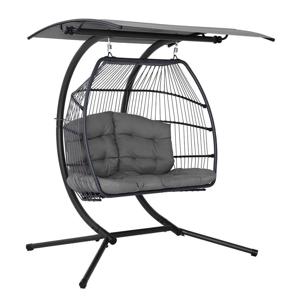 Gardeon outdoor egg swing chair with canopy, grey cushions, stylish wicker design for relaxation and comfort.