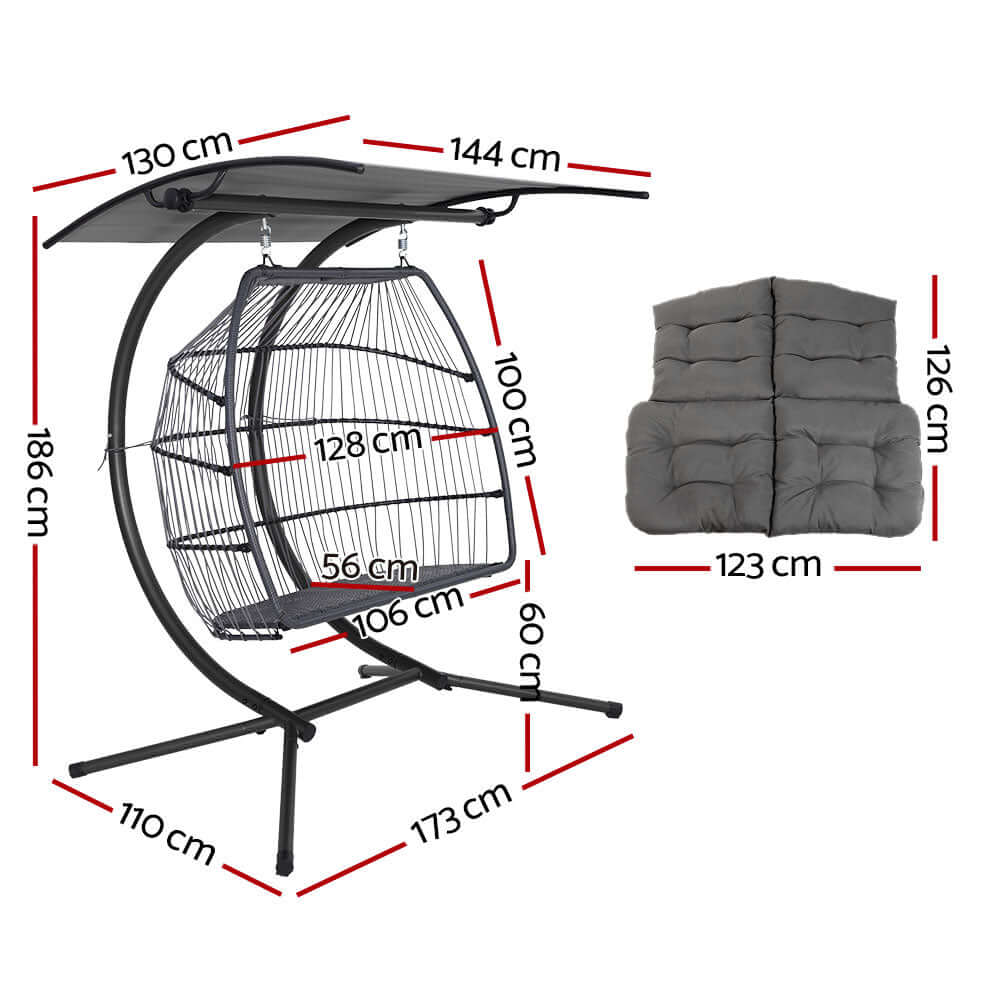 Dimensions of Gardeon Grey Outdoor Egg Swing Chair with Canopy and Cushions, showcasing its spacious and stylish design.