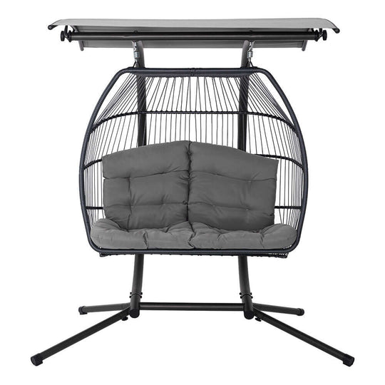 Gardeon affordable grey outdoor egg swing chair with canopy, quality wicker furniture, 2 seater design.