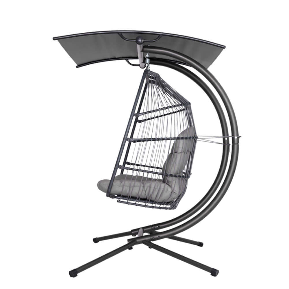 Gardeon outdoor egg swing chair with canopy, grey wicker pod seat on a sturdy steel stand. Affordable luxury for relaxation.