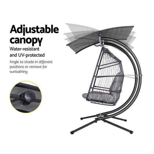 Adjustable canopy on Gardeon outdoor egg swing chair, water-resistant and UV-protected for versatile shading.