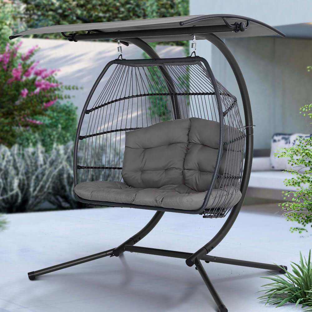 Gardeon outdoor egg swing chair with grey cushion and adjustable canopy, perfect for affordable luxury in your backyard.