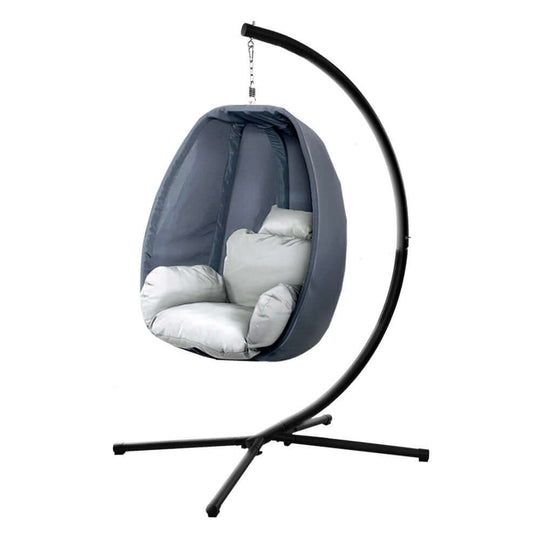 Gardeon foldable outdoor egg swing chair with canopy and steel stand, perfect for affordable quality relaxation.