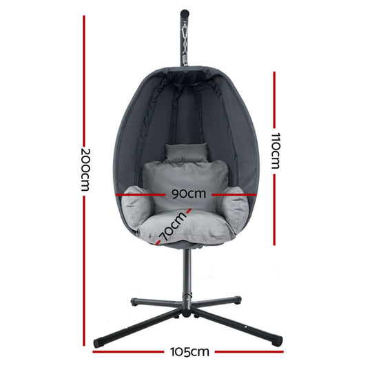 Gardeon outdoor egg swing chair dimensions: height 200cm, width 90cm, depth 70cm, base 105cm, grey fabric, foldable design.