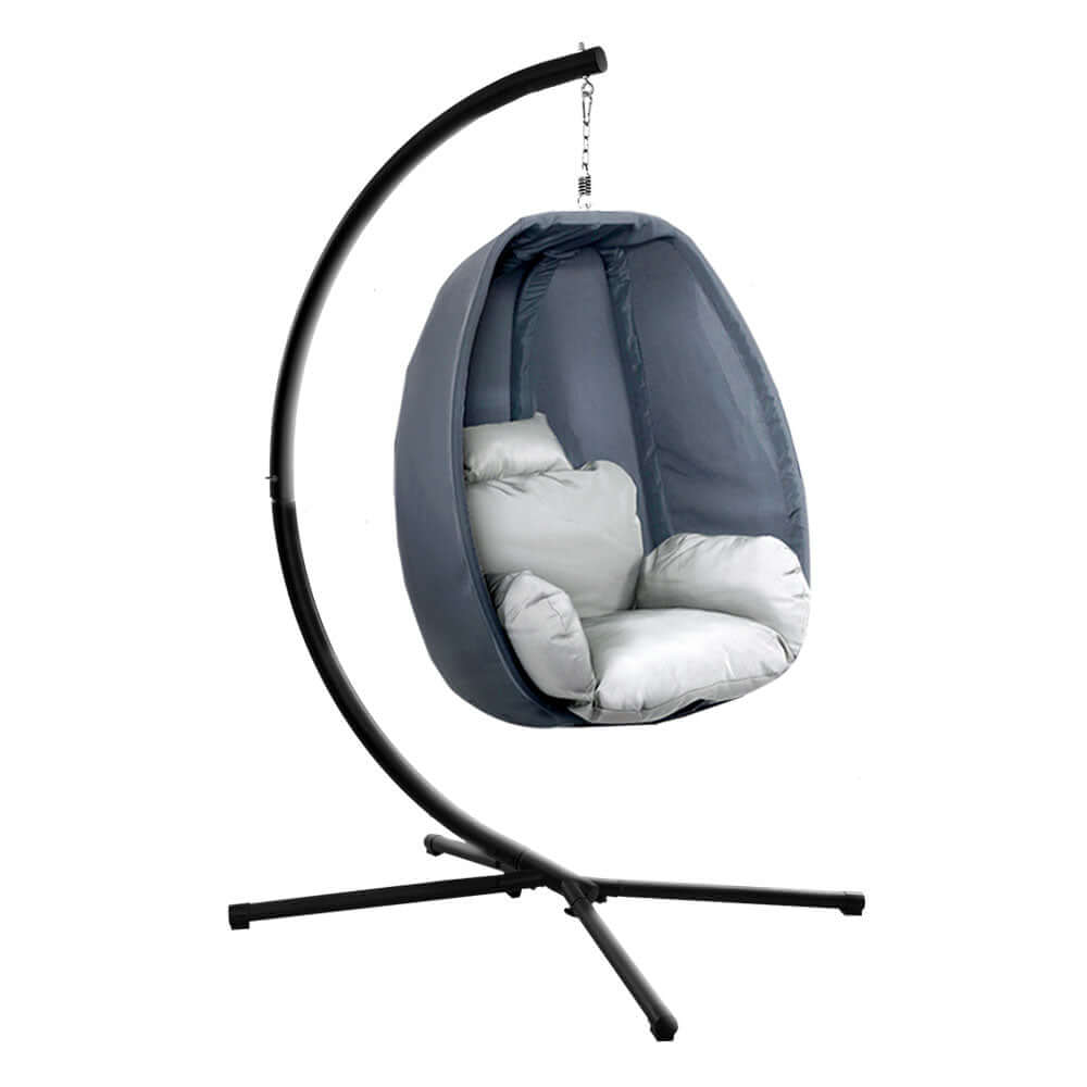 Gardeon outdoor egg swing chair in grey, featuring a foldable design and sturdy steel frame for ultimate relaxation.