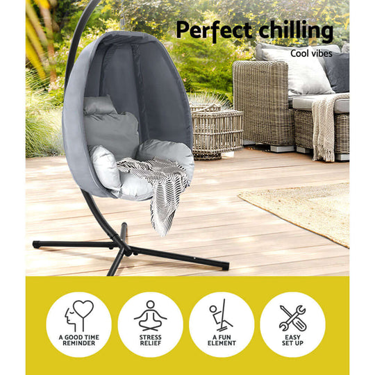 Gardeon outdoor egg swing chair in grey, perfect for relaxing in style with easy setup and stress relief features.