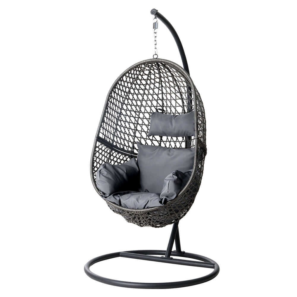 Gardeon affordable outdoor egg swing chair in black wicker with cushions, perfect for relaxation and stylish decor.