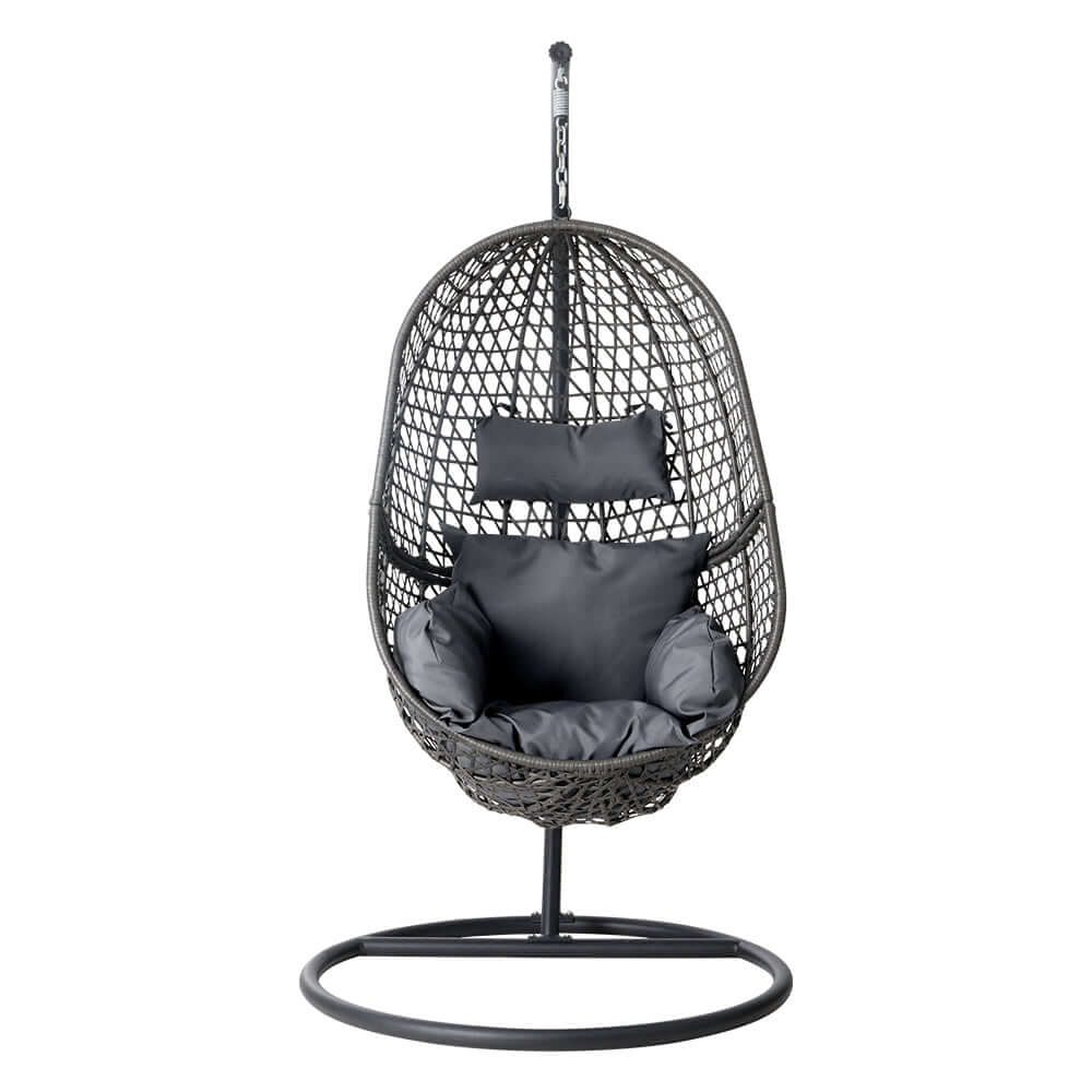 Gardeon outdoor egg swing chair in black wicker with cushions, perfect for relaxing and enjoying your backyard.