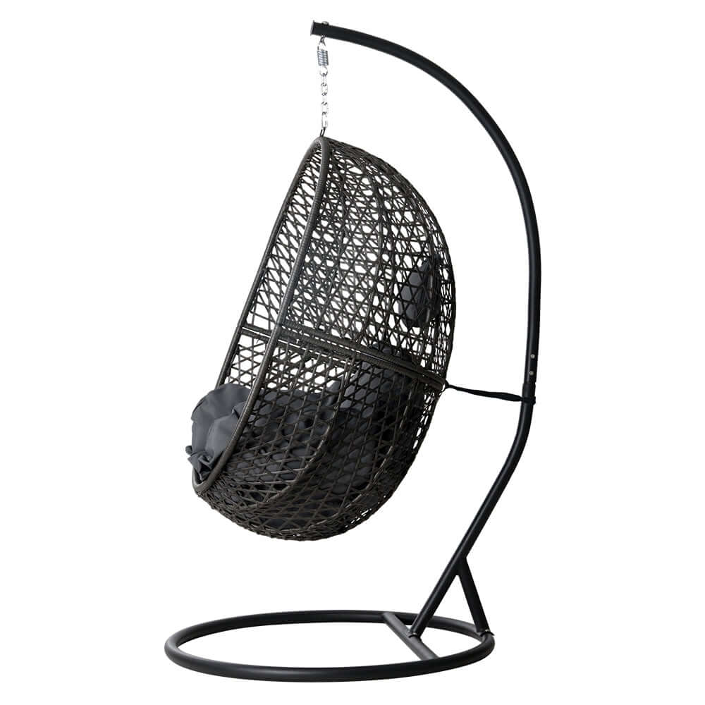 Gardeon outdoor egg swing chair in black wicker rattan with stand, perfect for relaxation and comfort at home.