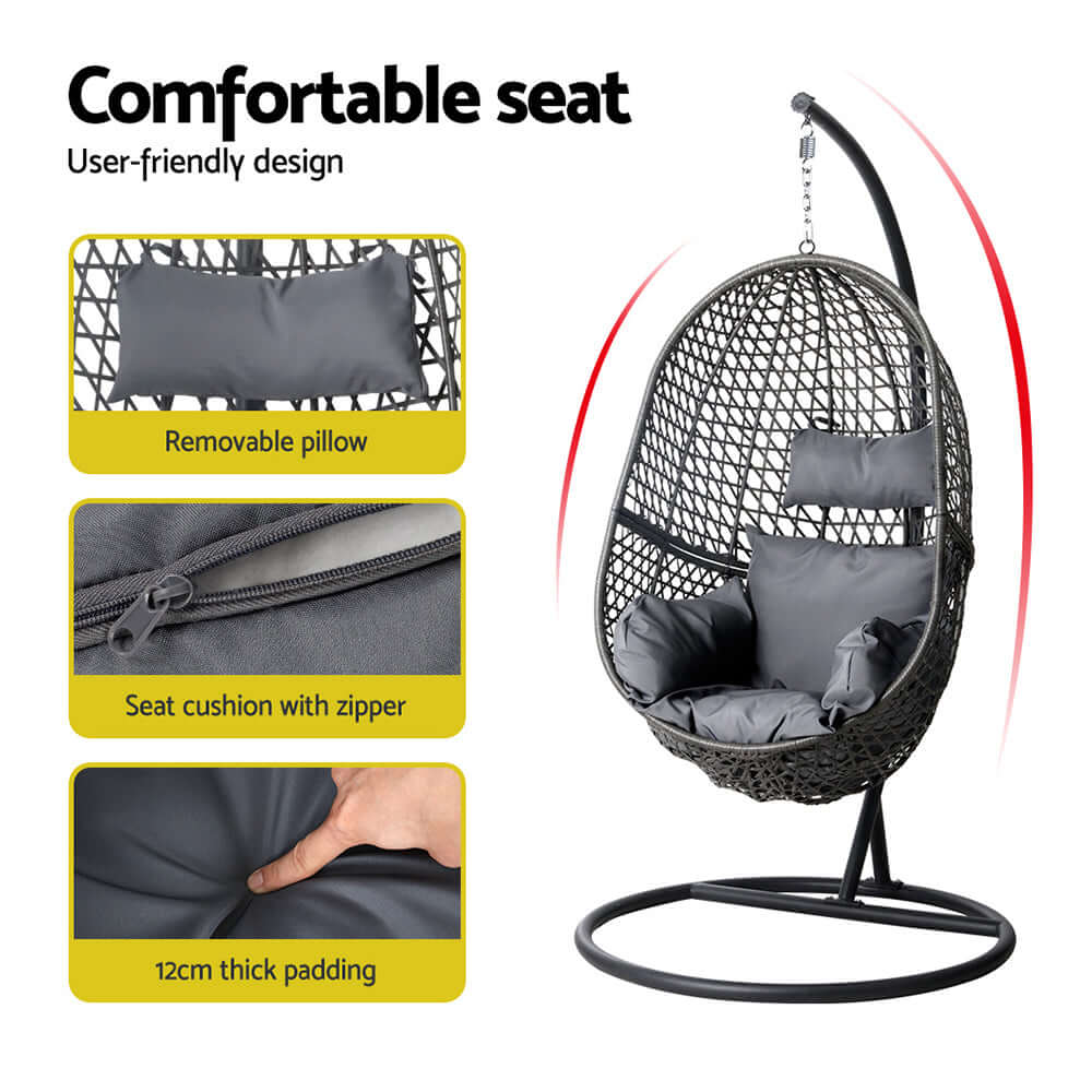 Gardeon egg swing chair features a comfortable seat with removable pillow, zipper cushion, and thick padding for relaxation.