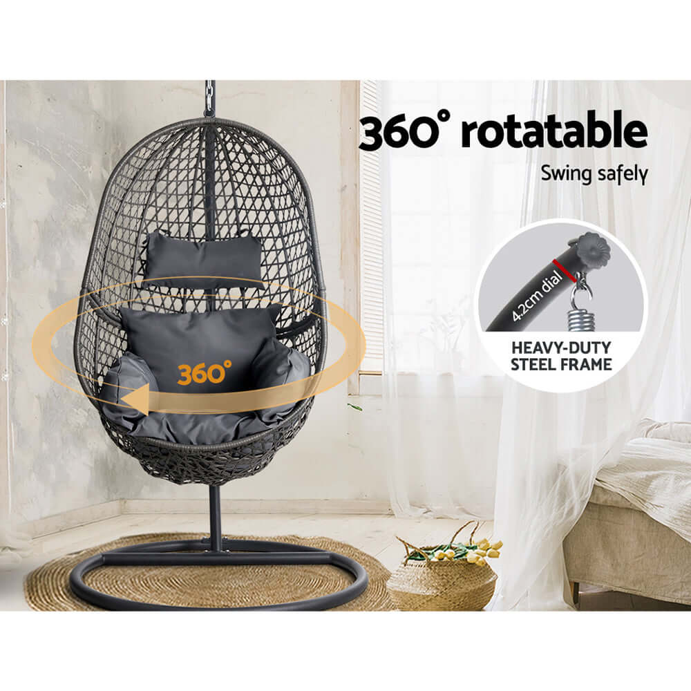 Gardeon black outdoor egg swing chair with 360° rotation, quality resin wicker, and heavy-duty steel frame.