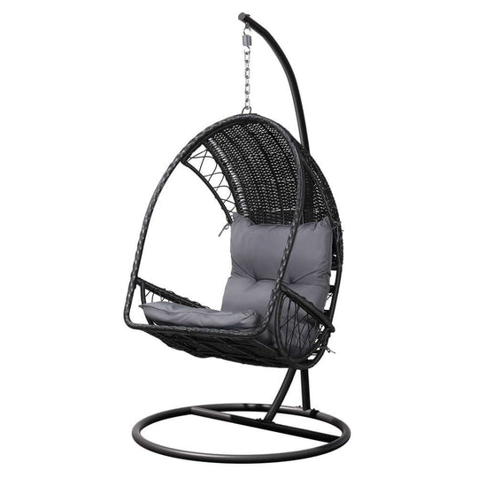 Gardeon outdoor egg swing chair with black wicker and grey cushions, perfect for affordable boho relaxation in any space.