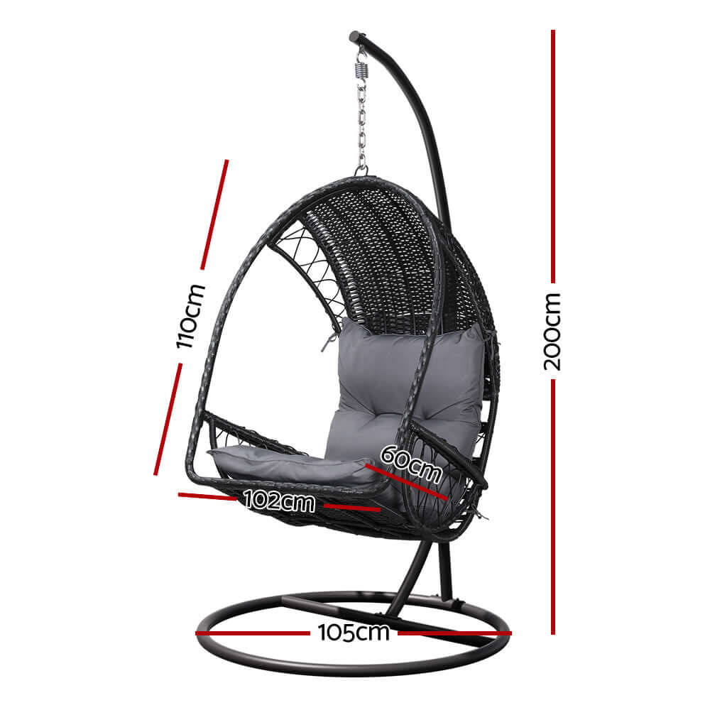 Gardeon Outdoor Egg Swing Chair dimensions, black wicker pod with armrest, perfect for affordable and luxurious outdoor relaxation.