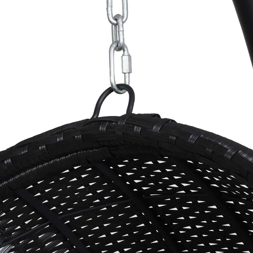 Close-up of Gardeon outdoor egg swing chair's black resin wicker and sturdy hanging chain for quality relaxation.