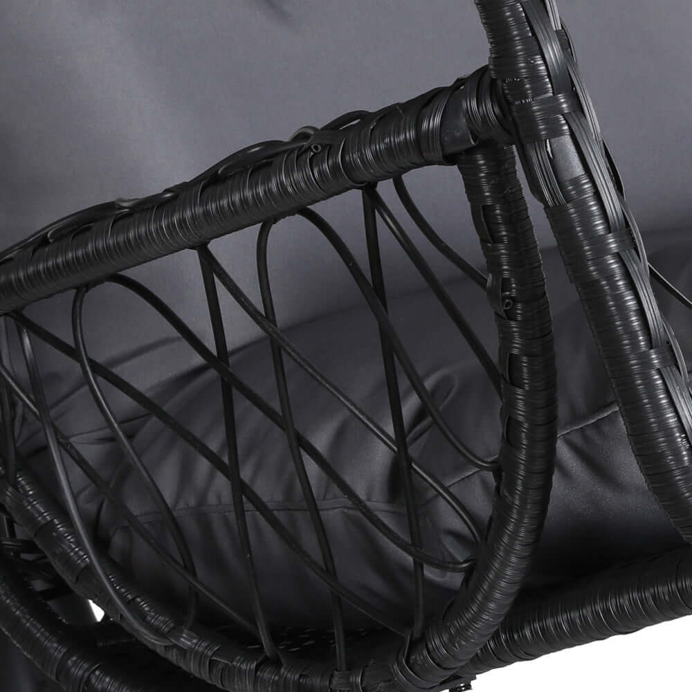 Close-up of the Gardeon outdoor egg swing chair's black wicker design and plush seat cushion.