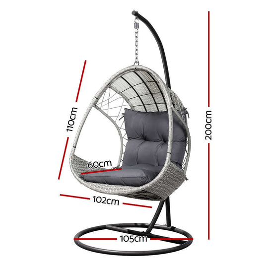 Gardeon Outdoor Egg Swing Chair dimensions: 110cm height, 200cm total height, 102cm width, 105cm diameter in light grey wicker.