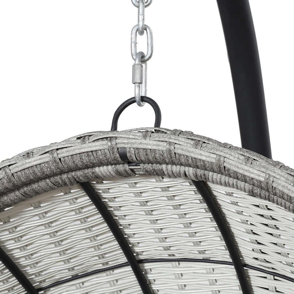 Close-up of the Gardeon outdoor egg swing chair's sturdy hanging chain and intricate wicker detailing in light grey.