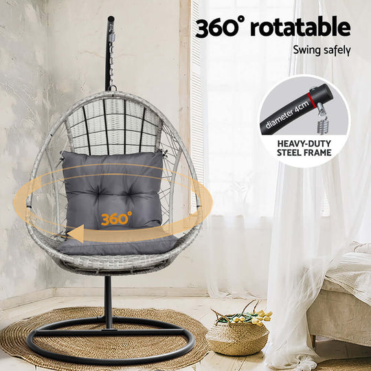 Gardeon outdoor egg swing chair with 360° rotatable feature in light grey and heavy-duty frame, perfect for relaxation.