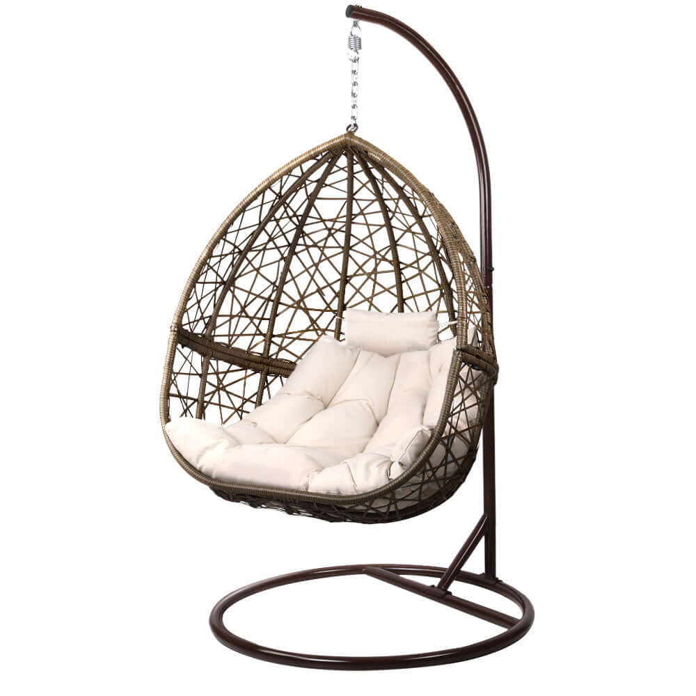 Gardeon outdoor egg swing chair, hand-woven wicker, comfortable cushion, sturdy stand, affordable luxury for outdoor lounging.