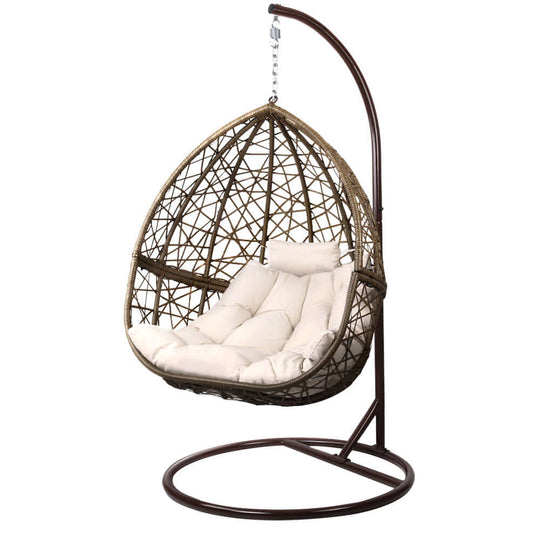 Gardeon Outdoor Egg Swing Chair in brown wicker with plush cushion, stylish and sturdy, perfect for relaxation in your garden.