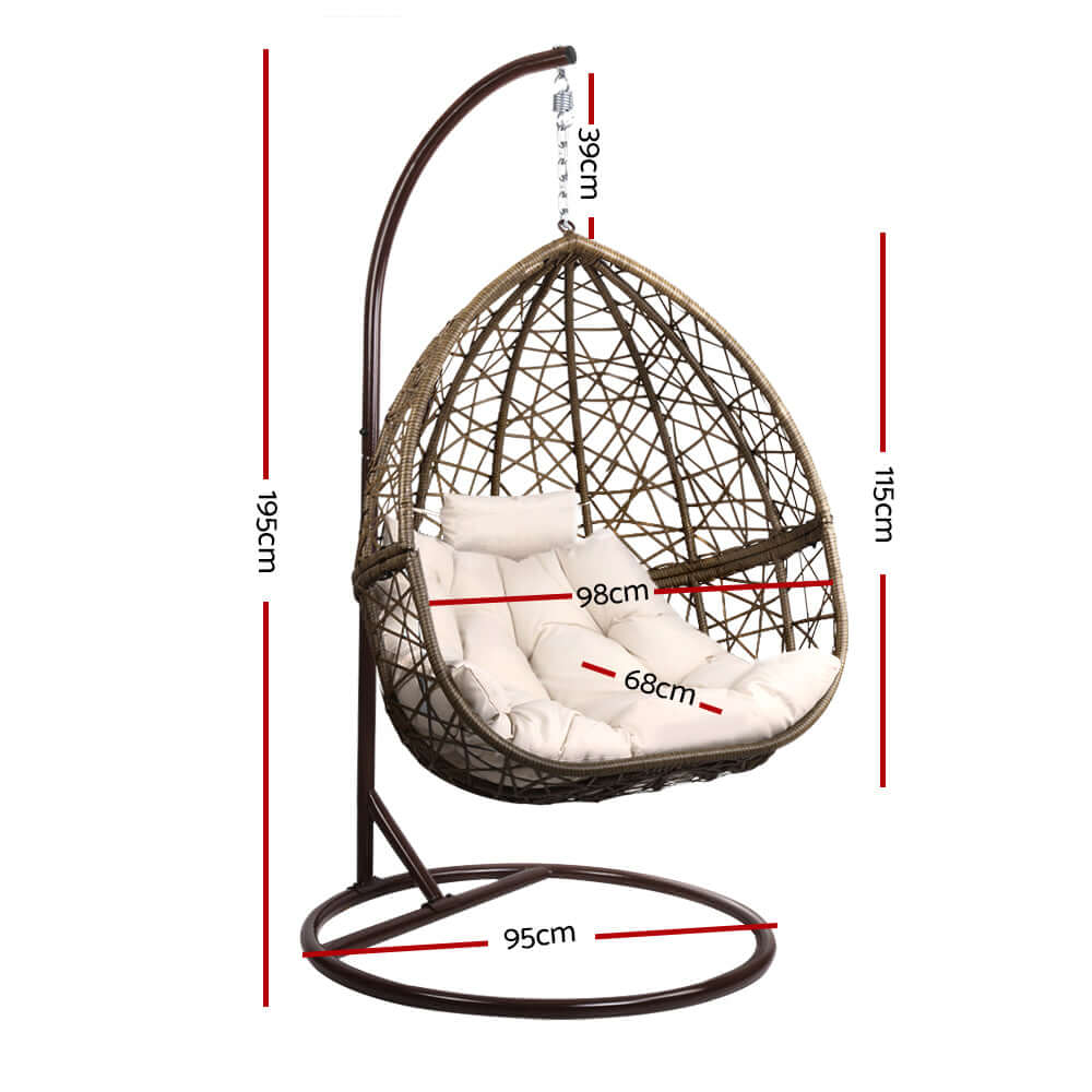 Gardeon Outdoor Egg Swing Chair dimensions, crafted from UV-resistant wicker, featuring a plush cushion for comfort.