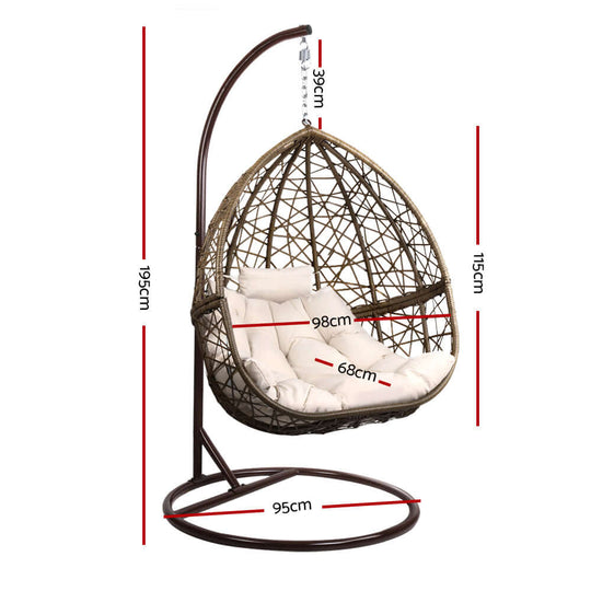 Gardeon egg swing chair dimensions with cushion, made from quality wicker rattan, ideal for outdoor relaxation.