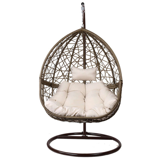 Gardeon Outdoor Egg Swing Chair in brown wicker with white cushion, a stylish, affordable addition to any patio.