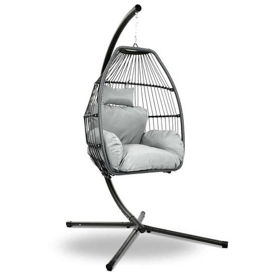 Gardeon outdoor egg swing chair with grey cushion on a stand, perfect for affordable relaxation and stylish decor.