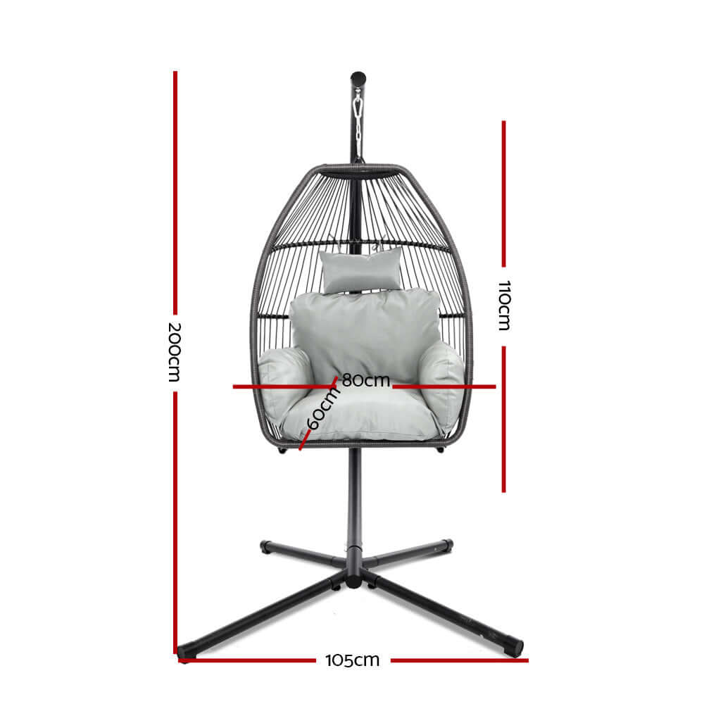 Gardeon outdoor egg swing chair dimensions: height 200cm, width 105cm, depth 110cm, cushion included in grey.