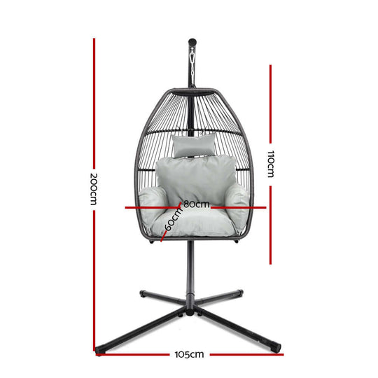 Gardeon outdoor egg swing chair dimensions: height 200cm, width 105cm, depth 110cm, cushion included in grey.