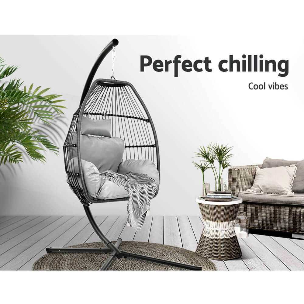 Gardeon Outdoor Egg Swing Chair in grey with cushions for stylish relaxation in indoor and outdoor spaces.