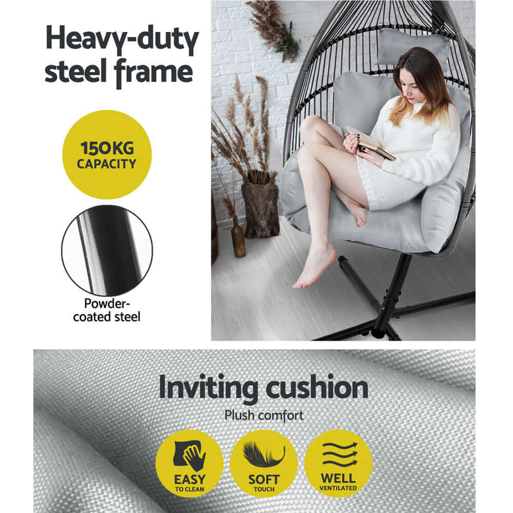 Gardeon outdoor egg swing chair with heavy-duty steel frame and inviting cushion for ultimate relaxation.