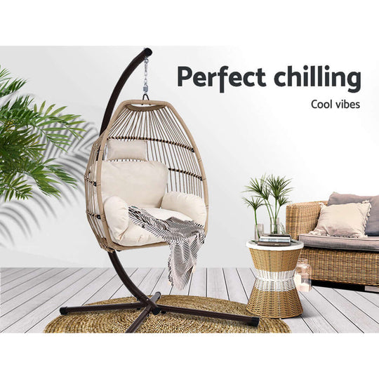 Gardeon outdoor egg swing chair with cushion, ideal for affordable and luxurious relaxation in stylish settings.